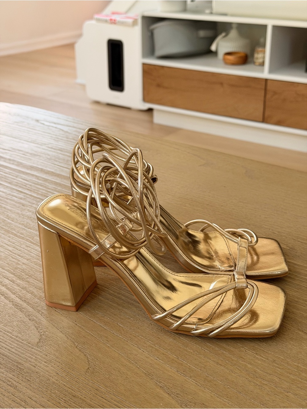 Gold Strappy Block Heel Sandals with Ankle Wrap Worn once - Picture 5 of 8